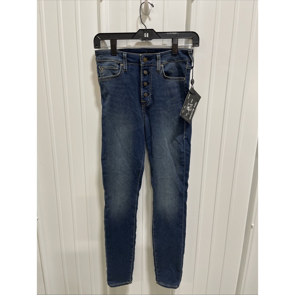 True Religion Halle High Rise Super Skinny Jeans Womens Sz 28 Blue Button Fly